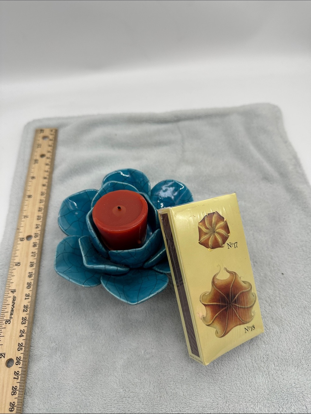 Turquoise Ceramic Flower Candle Holder w Lg Box Decorative Sea Themed Matches